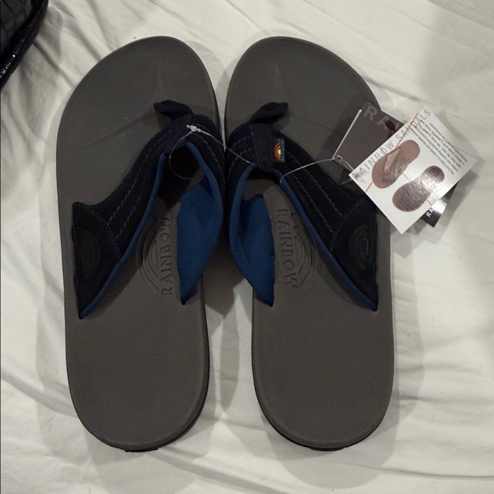 Rainbow Gray Footbed Flip Flops with Navy Straps - Picture 2 of 7